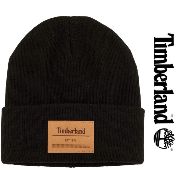 Timberland | Leather Patch Beanie Hat - Black | One Size - Picture 1 of 7
